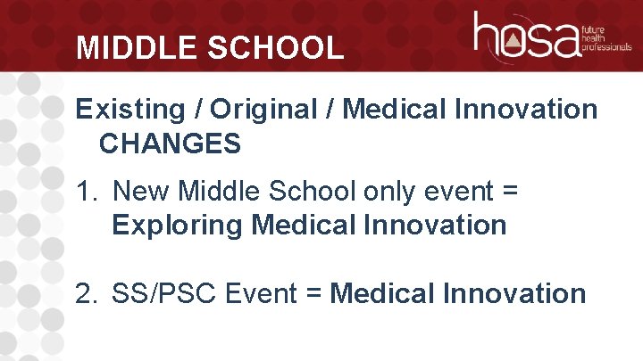 MIDDLE SCHOOL Existing / Original / Medical Innovation CHANGES 1. New Middle School only