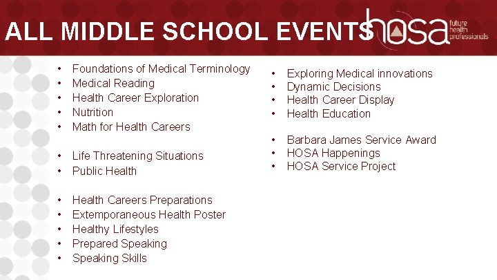 ALL MIDDLE SCHOOL EVENTS • • • Foundations of Medical Terminology Medical Reading Health