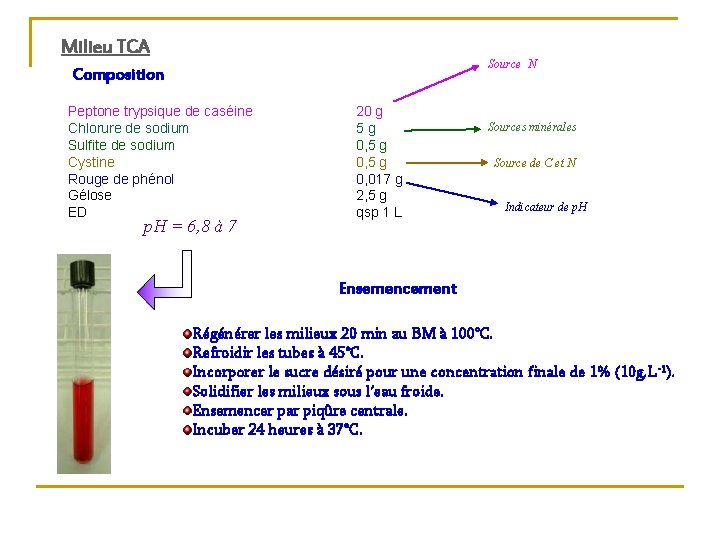 Milieu TCA Source N Composition Peptone trypsique de caséine Chlorure de sodium Sulfite de
