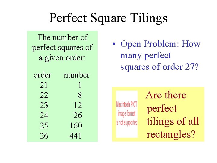 Perfect Square Tilings The number of perfect squares of a given order: order 21