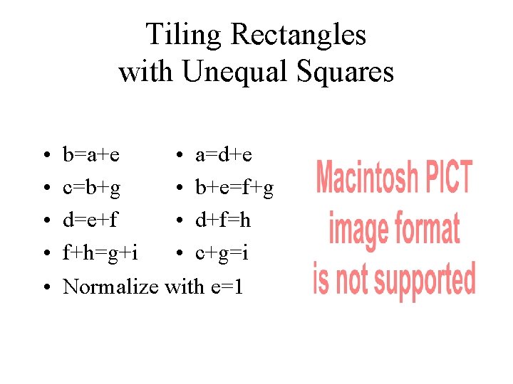 Tiling Rectangles with Unequal Squares • • • b=a+e • a=d+e c=b+g • b+e=f+g