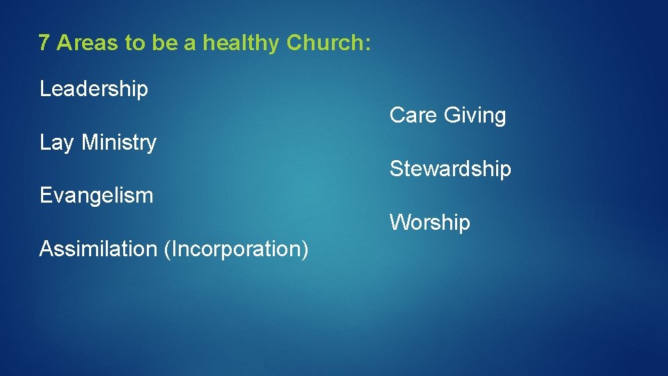 7 Areas to be a healthy Church: Leadership Care Giving Lay Ministry Stewardship Evangelism