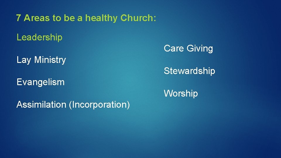 7 Areas to be a healthy Church: Leadership Care Giving Lay Ministry Stewardship Evangelism