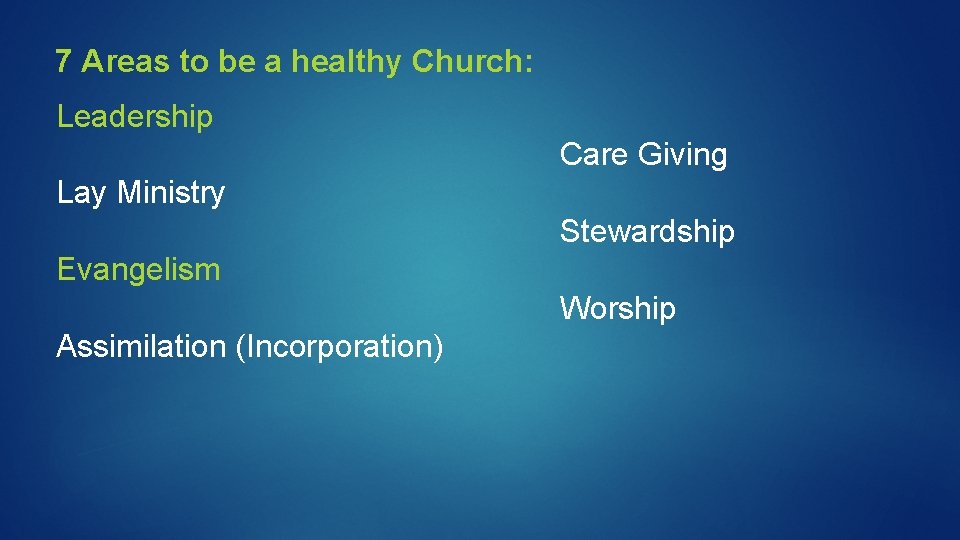 7 Areas to be a healthy Church: Leadership Care Giving Lay Ministry Stewardship Evangelism