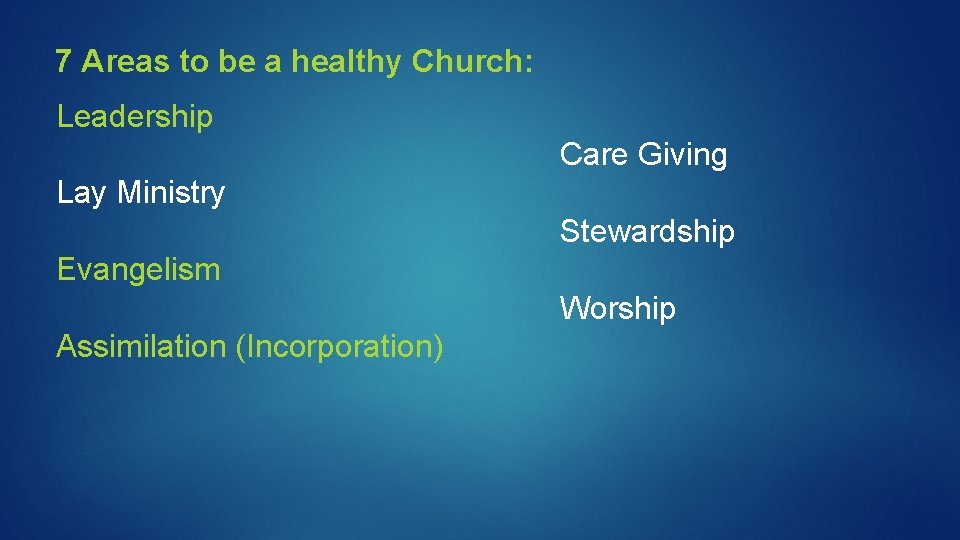 7 Areas to be a healthy Church: Leadership Care Giving Lay Ministry Stewardship Evangelism