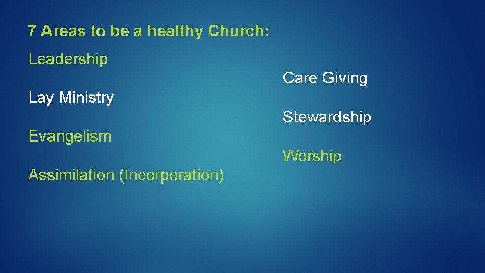 7 Areas to be a healthy Church: Leadership Care Giving Lay Ministry Stewardship Evangelism