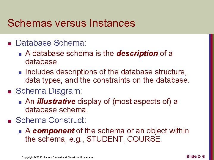 Schemas versus Instances n Database Schema: n n n Schema Diagram: n n A