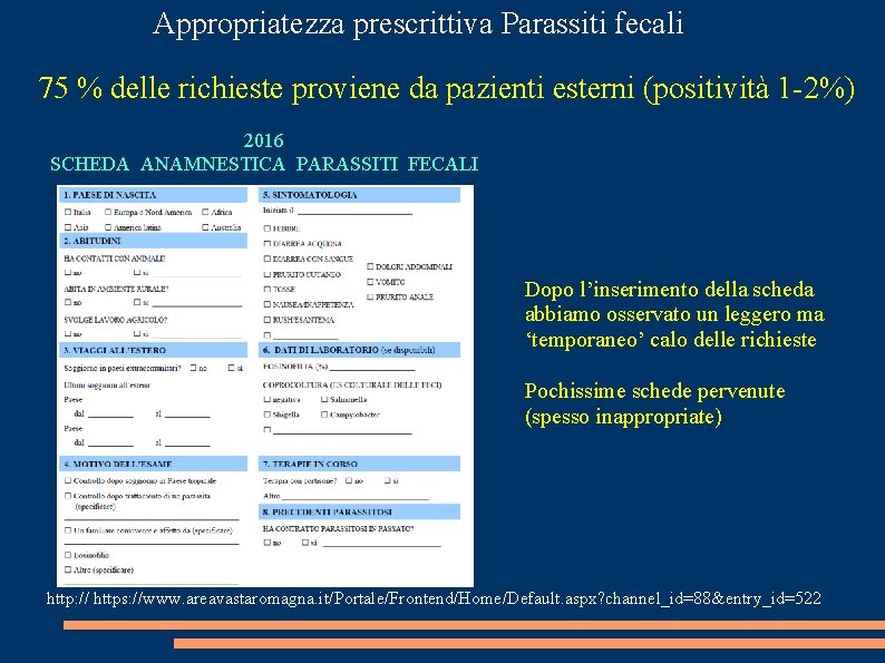 Appropriatezza prescrittiva Parassiti fecali 75 % delle richieste proviene da pazienti esterni (positività 1