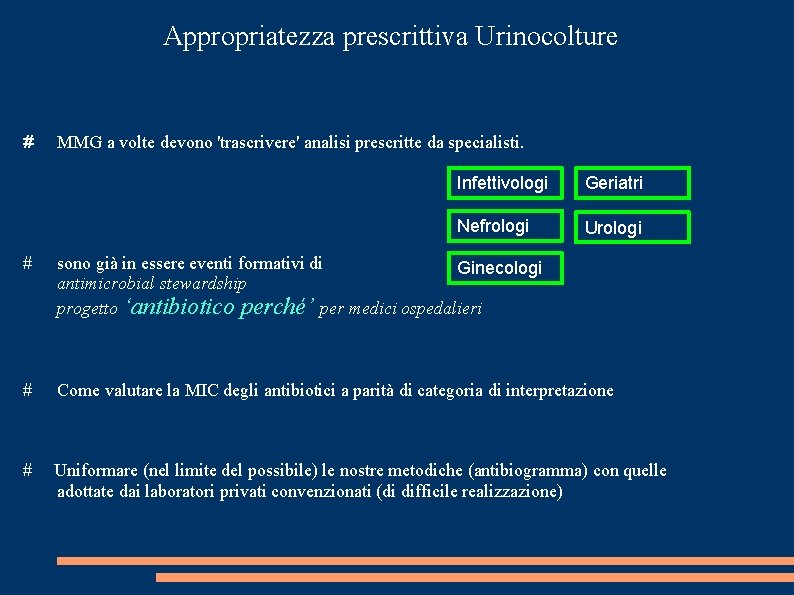 Appropriatezza prescrittiva Urinocolture # MMG a volte devono 'trascrivere' analisi prescritte da specialisti. Infettivologi