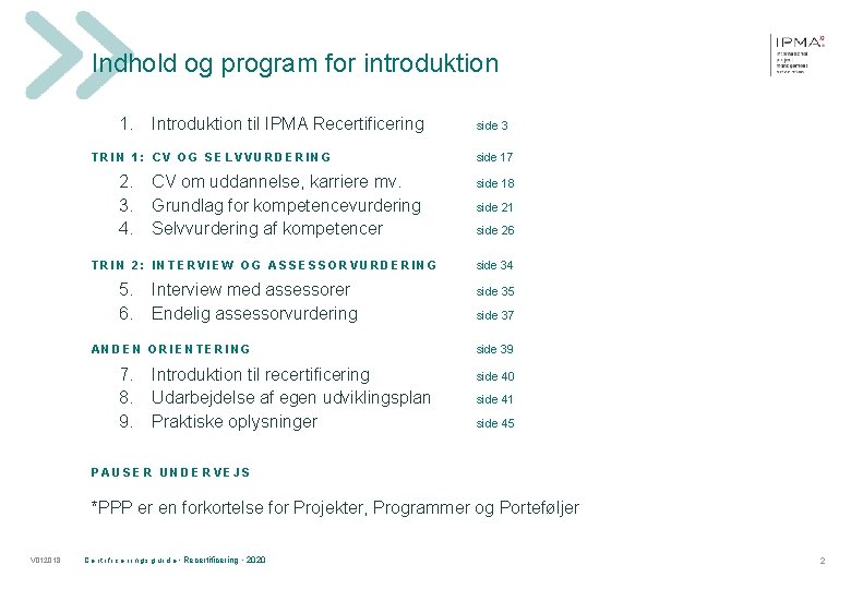 Indhold og program for introduktion 1. Introduktion til IPMA Recertificering TRIN 1: CV OG