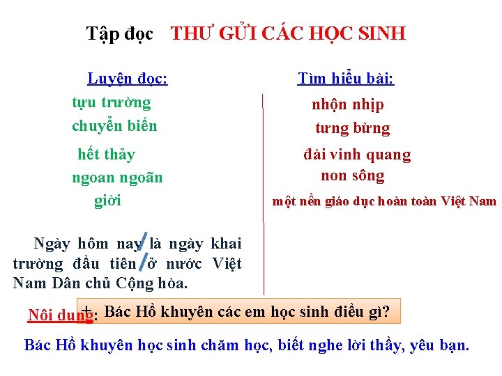 Tập đọc THƯ GỬI CÁC HỌC SINH Luyện đọc: tựu trường chuyển biến hết