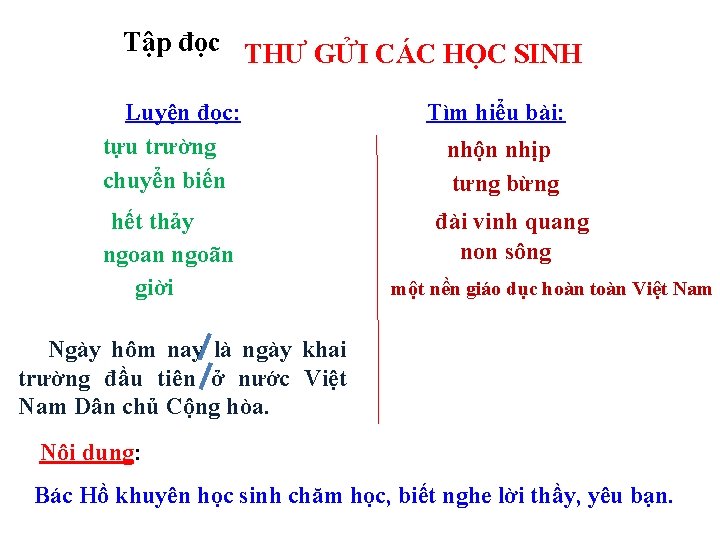 Tập đọc THƯ GỬI CÁC HỌC SINH Luyện đọc: tựu trường chuyển biến hết