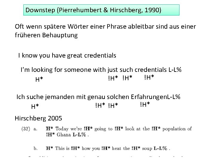 Downstep (Pierrehumbert & Hirschberg, 1990) Oft wenn spätere Wörter einer Phrase ableitbar sind aus