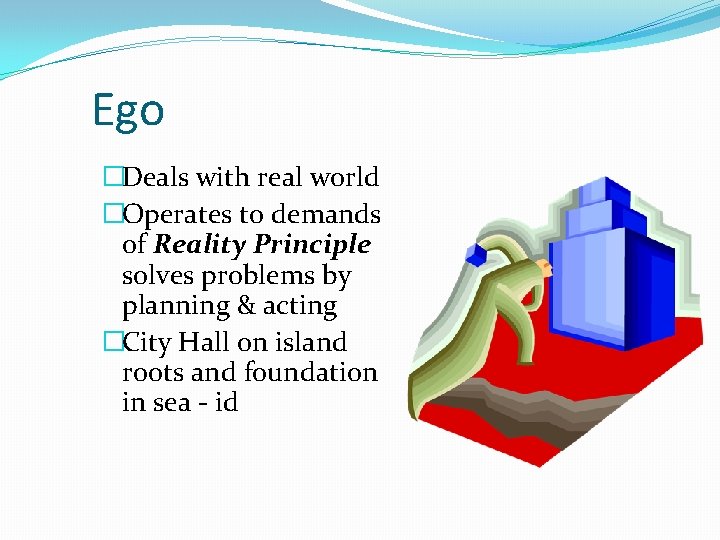 Ego �Deals with real world �Operates to demands of Reality Principle solves problems by