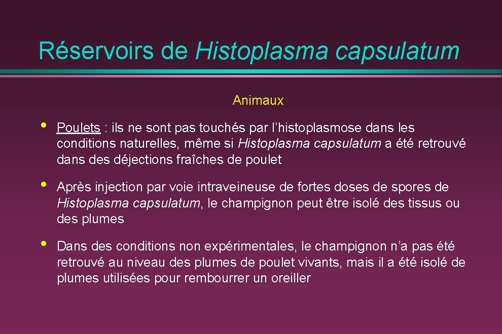 Réservoirs de Histoplasma capsulatum Animaux • Poulets : ils ne sont pas touchés par