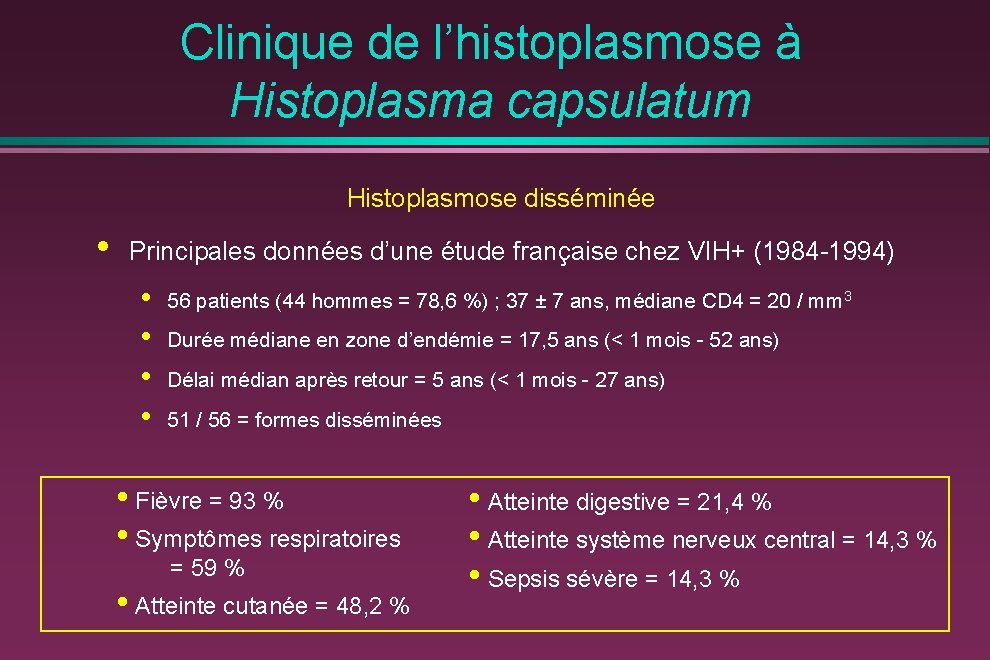 Clinique de l’histoplasmose à Histoplasma capsulatum Histoplasmose disséminée • Principales données d’une étude française