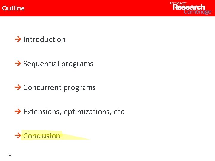 Outline Introduction Sequential programs Concurrent programs Extensions, optimizations, etc Conclusion 129 