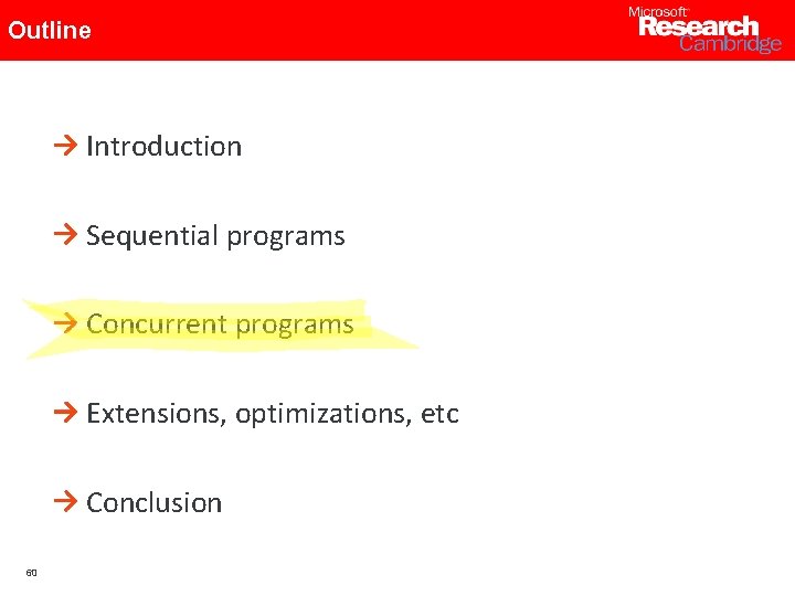 Outline Introduction Sequential programs Concurrent programs Extensions, optimizations, etc Conclusion 60 