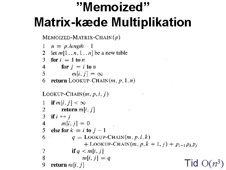 ”Memoized” Matrix-kæde Multiplikation Tid O(n 3) 
