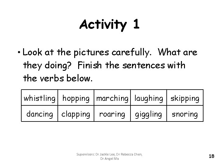 Activity 1 • Look at the pictures carefully. What are they doing? Finish the