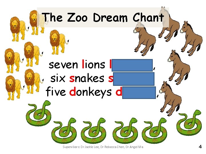 The Zoo Dream Chant seven lions laughing, six snakes skipping, five donkeys dancing, Supervisors: