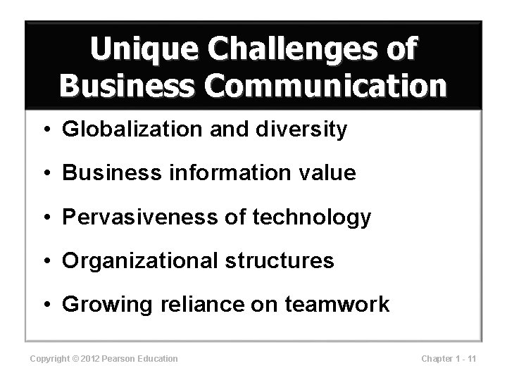 Unique Challenges of Business Communication • Globalization and diversity • Business information value •