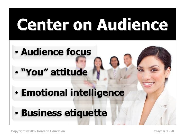 Center on Audience • Audience focus • “You” attitude • Emotional intelligence • Business