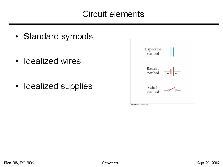 Circuit elements • Standard symbols • Idealized wires • Idealized supplies Phys 208, Fall