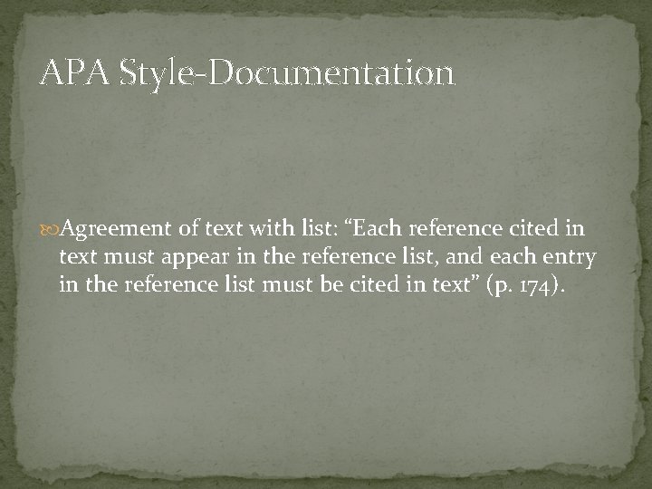 APA Style-Documentation Agreement of text with list: “Each reference cited in text must appear