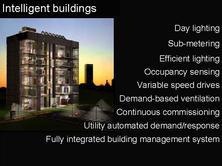 Intelligent buildings Day lighting Sub-metering Efficient lighting Occupancy sensing Variable speed drives Demand-based ventilation