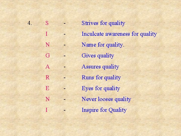 4. S - Strives for quality I - Inculcate awareness for quality N -