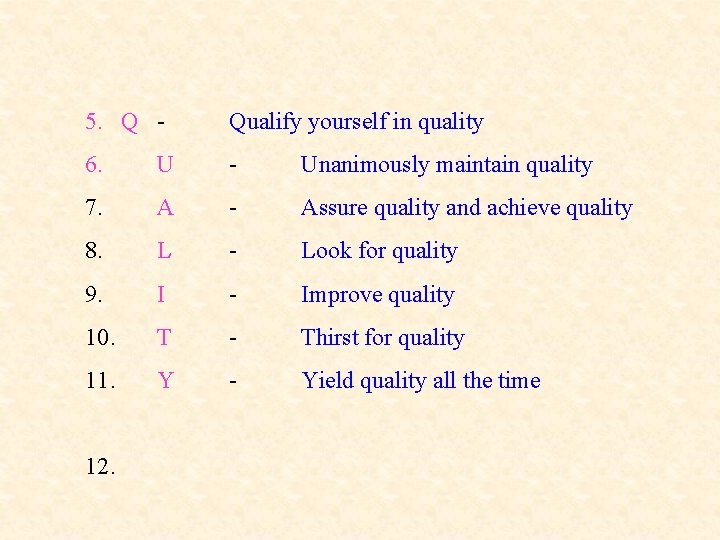 5. Q - Qualify yourself in quality 6. U - Unanimously maintain quality 7.