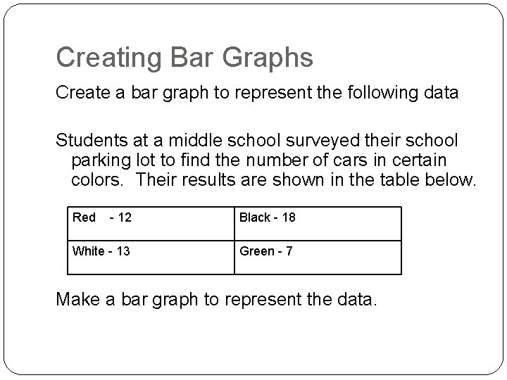 Creating Bar Graphs Create a bar graph to represent the following data Students at