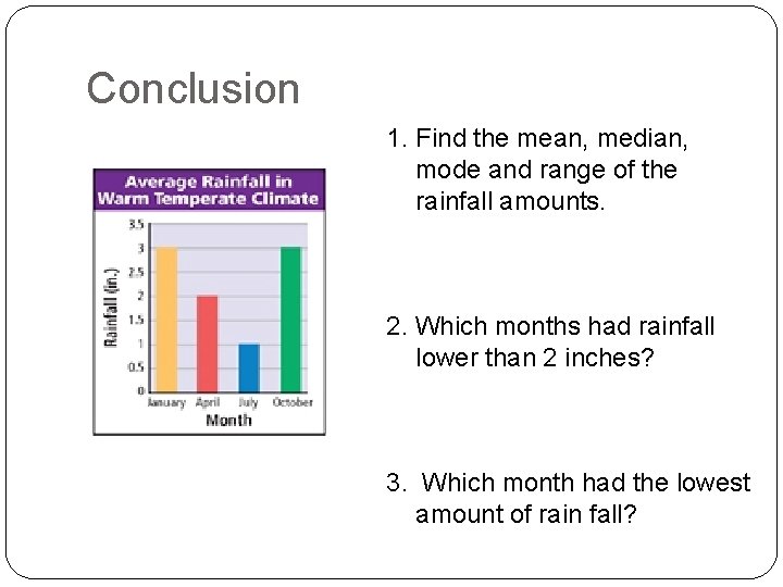 Conclusion 1. Find the mean, median, mode and range of the rainfall amounts. 2.