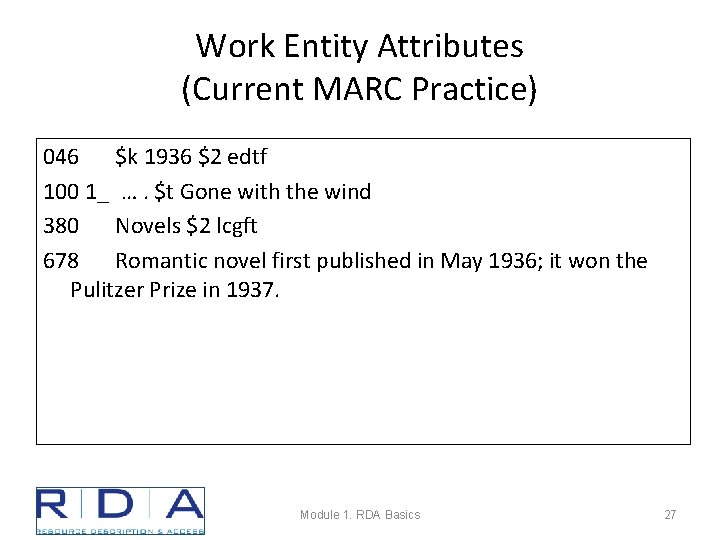 Work Entity Attributes (Current MARC Practice) 046 $k 1936 $2 edtf 100 1_ ….