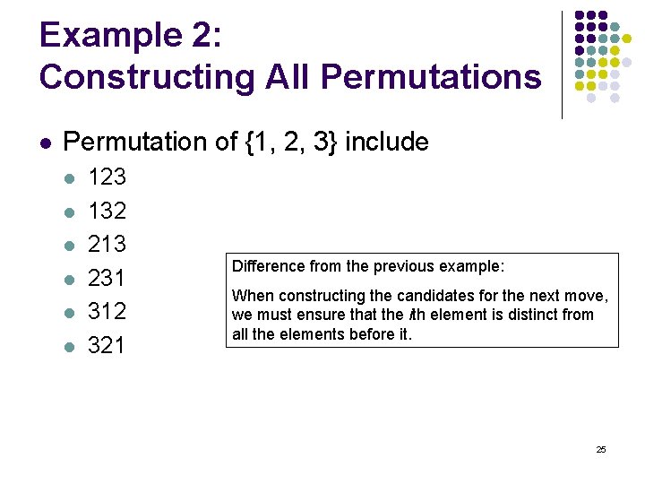Example 2: Constructing All Permutations l Permutation of {1, 2, 3} include l l