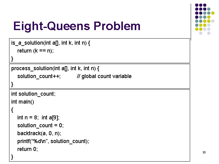 Eight-Queens Problem is_a_solution(int a[], int k, int n) { return (k == n); }