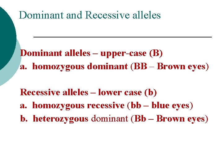 Dominant and Recessive alleles Dominant alleles – upper-case (B) a. homozygous dominant (BB –