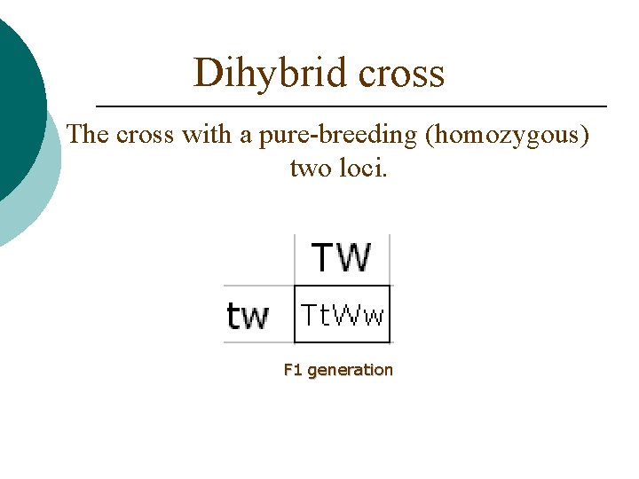 Dihybrid cross The cross with a pure-breeding (homozygous) two loci. F 1 generation 