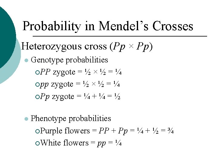 Probability in Mendel’s Crosses Heterozygous cross (Pp × Pp) Genotype probabilities ¡ PP zygote