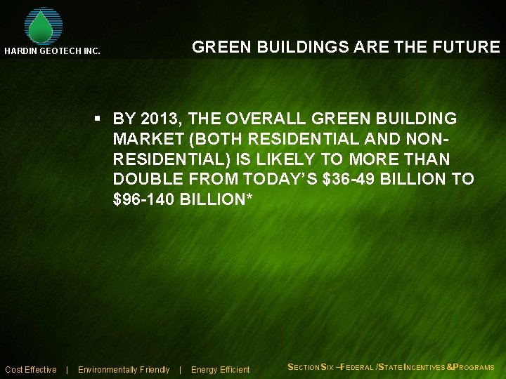 GREEN BUILDINGS ARE THE FUTURE HARDIN GEOTECH INC. § BY 2013, THE OVERALL GREEN