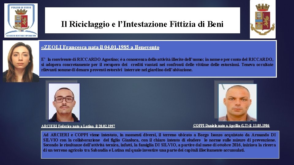 Il Riciclaggio e l’Intestazione Fittizia di Beni «ZEOLI Francesca nata il 04. 01. 1985