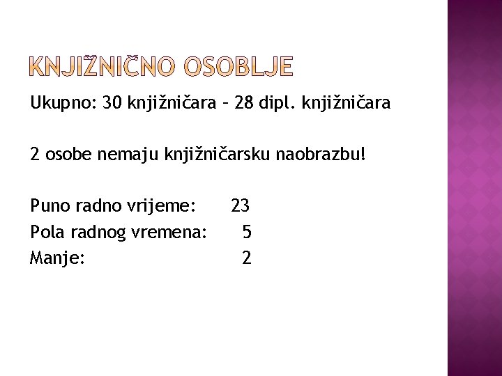 Ukupno: 30 knjižničara – 28 dipl. knjižničara 2 osobe nemaju knjižničarsku naobrazbu! Puno radno