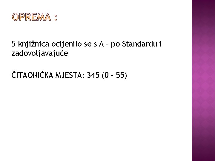 5 knjižnica ocijenilo se s A – po Standardu i zadovoljavajuće ČITAONIČKA MJESTA: 345