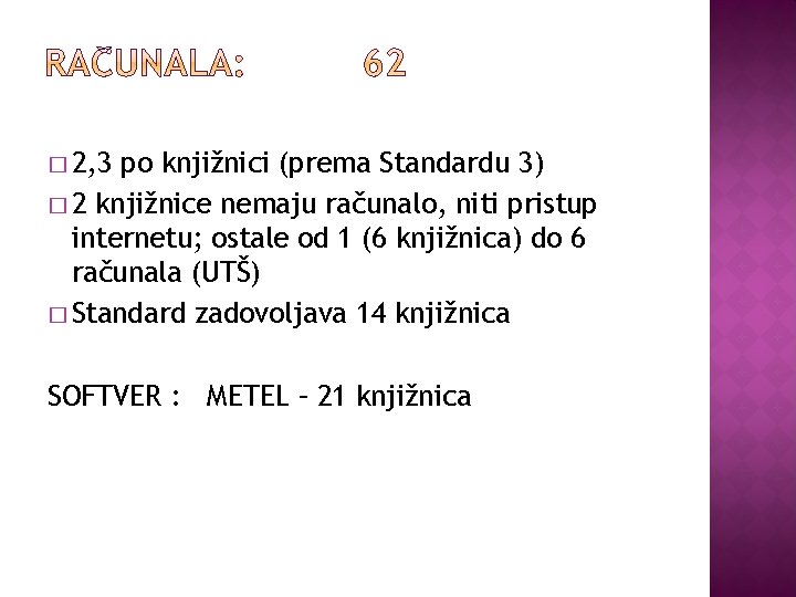 � 2, 3 po knjižnici (prema Standardu 3) � 2 knjižnice nemaju računalo, niti