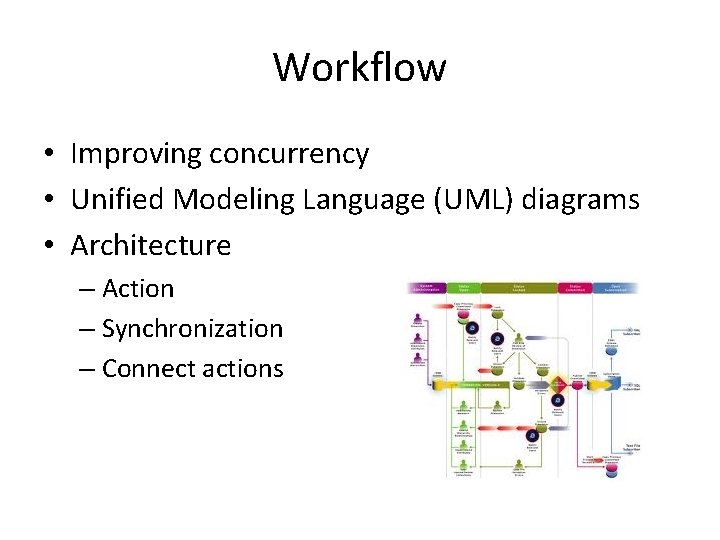 Workflow • Improving concurrency • Unified Modeling Language (UML) diagrams • Architecture – Action