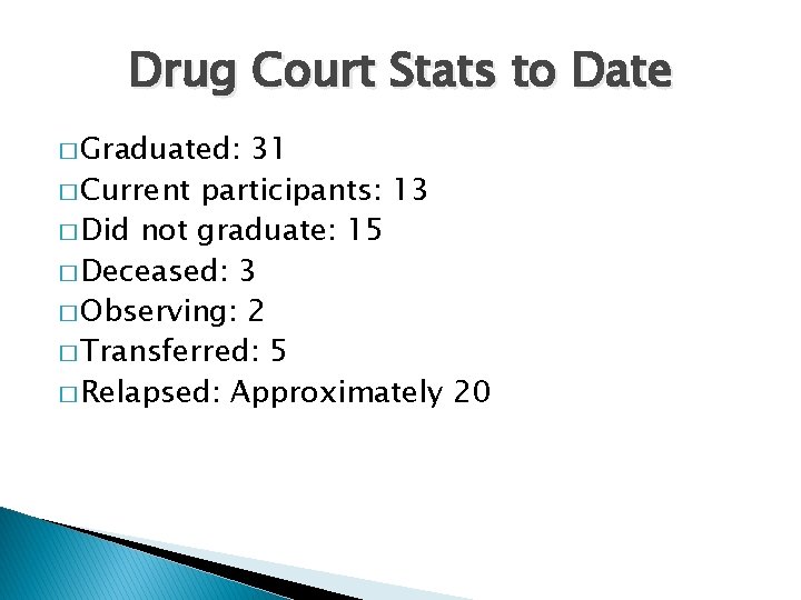 Drug Court Stats to Date � Graduated: 31 � Current participants: 13 � Did