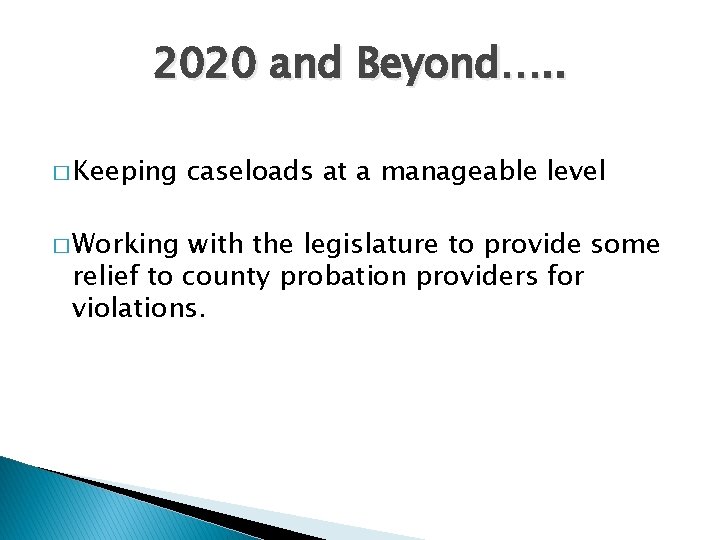 2020 and Beyond…. . � Keeping � Working caseloads at a manageable level with