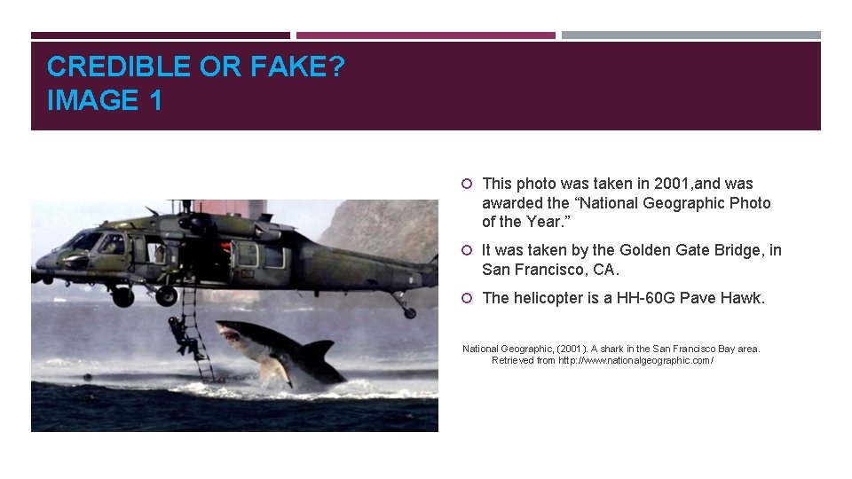 CREDIBLE OR FAKE? IMAGE 1 This photo was taken in 2001, and was awarded