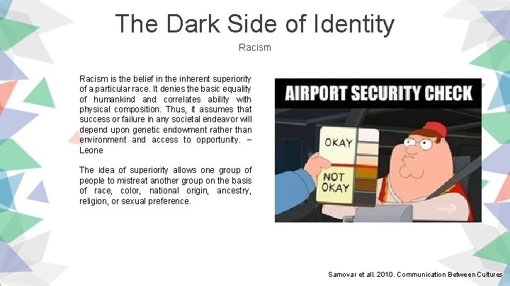 The Dark Side of Identity Racism is the belief in the inherent superiority of